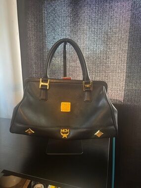 MCM vintage doctor bag Black Leather Top-Handle Satchel with Gold Hardware
